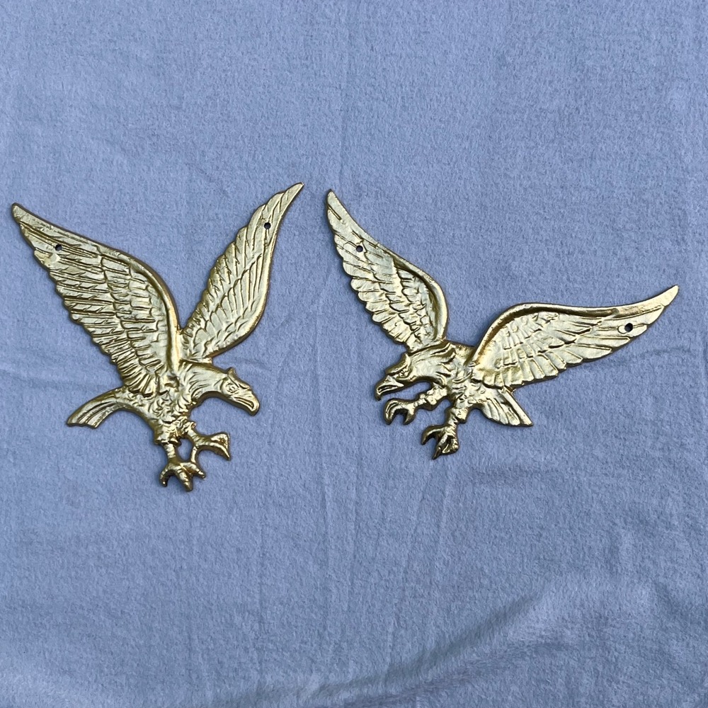 Vintage Gold Aluminum Eagle Wall Plaques Set of 2 Patriotic Bird Decor 8.5 Inch